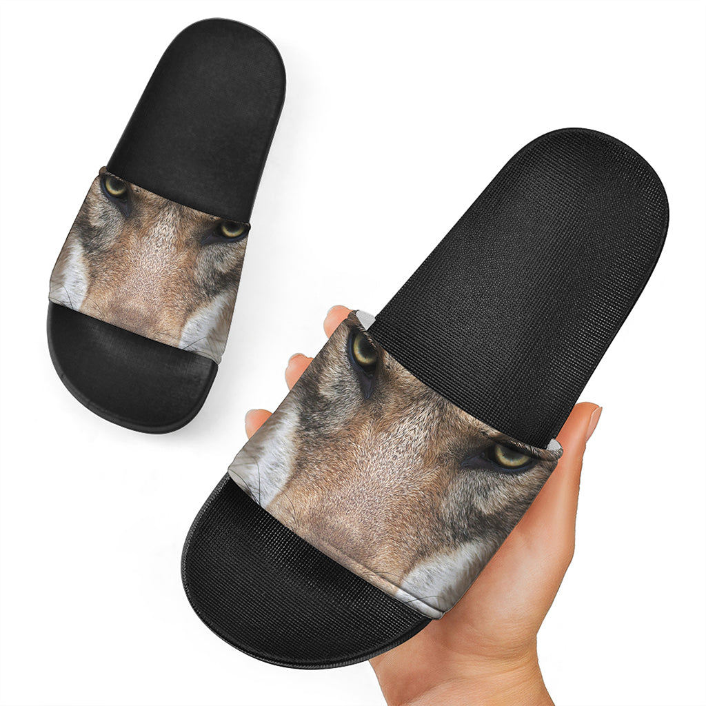 Jungle Wolf Print Black Slide Sandals