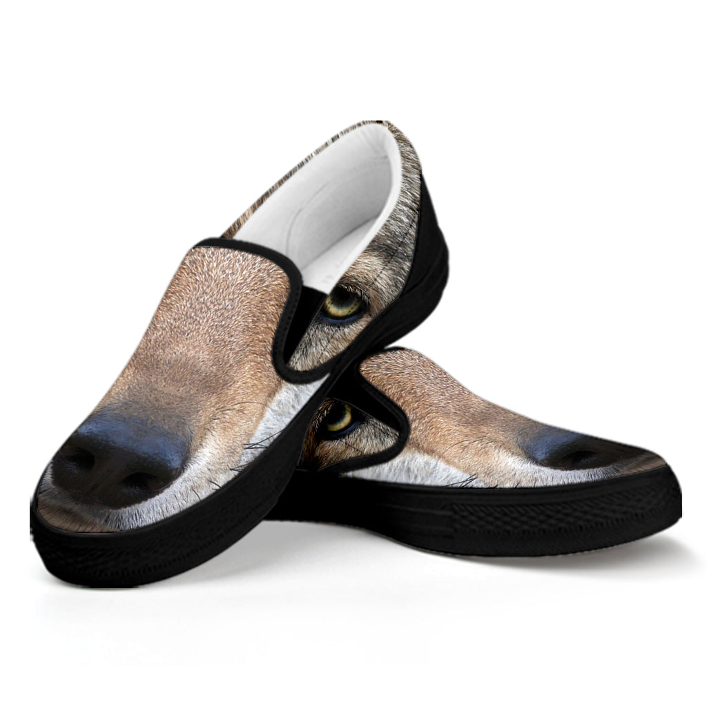Jungle Wolf Print Black Slip On Shoes