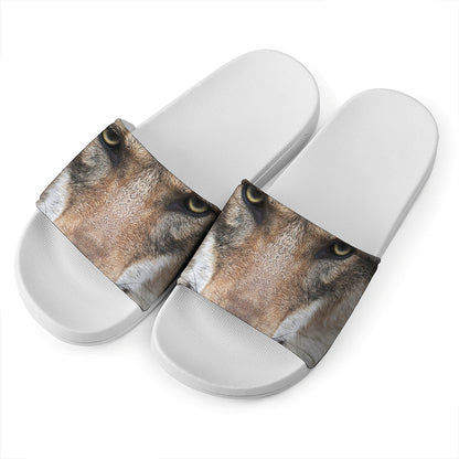 Jungle Wolf Print White Slide Sandals