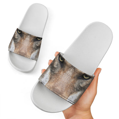 Jungle Wolf Print White Slide Sandals