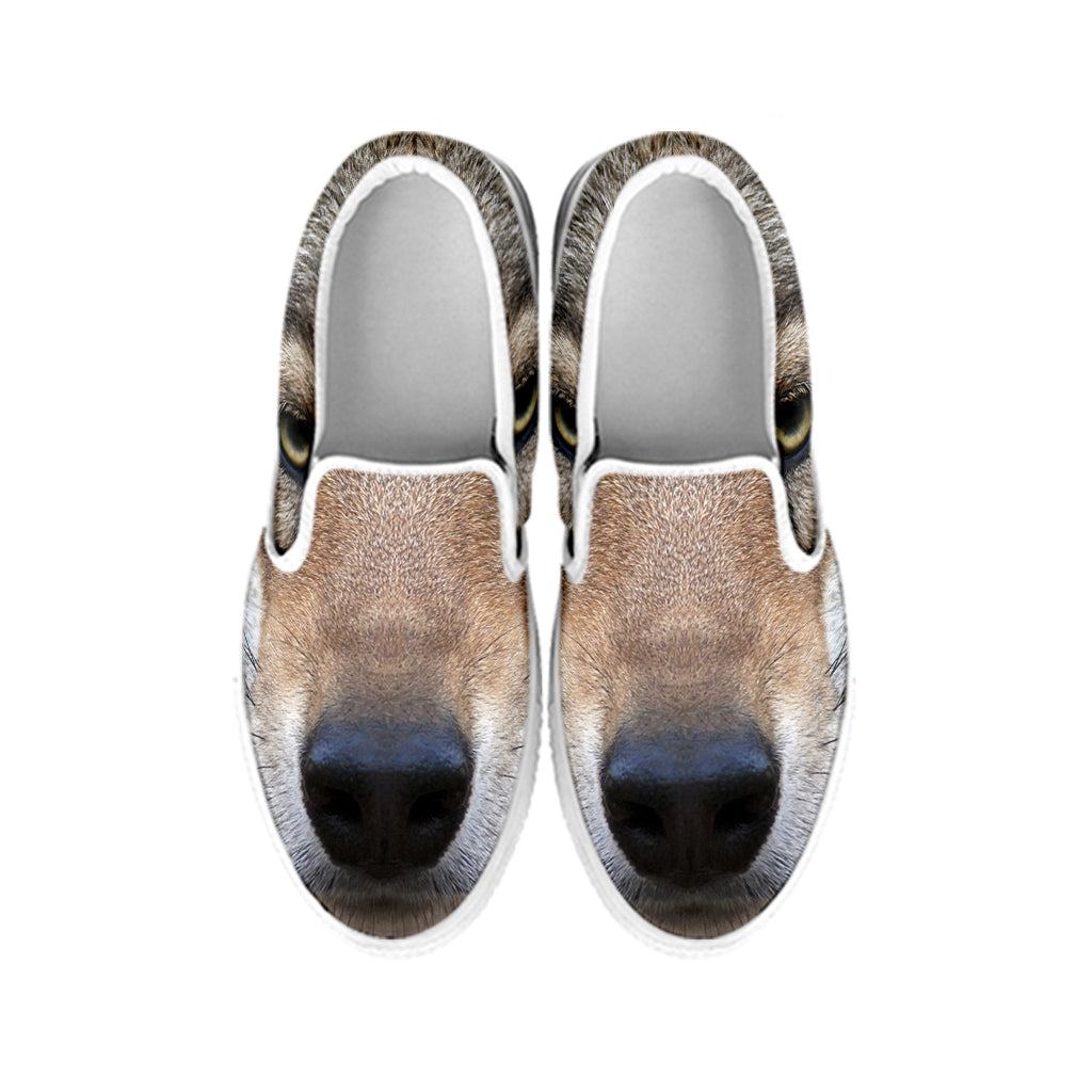 Jungle Wolf Print White Slip On Shoes