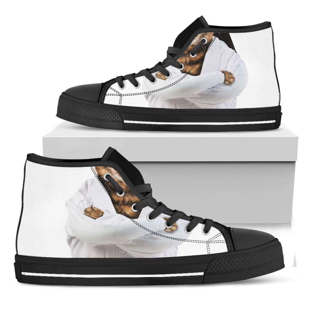 Karate Cat Print Black High Top Shoes