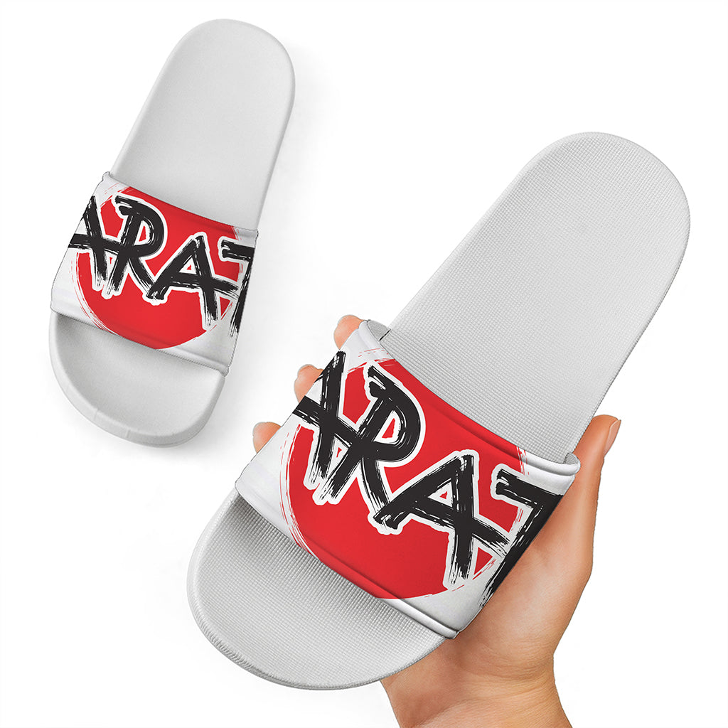Karate Text Print White Slide Sandals