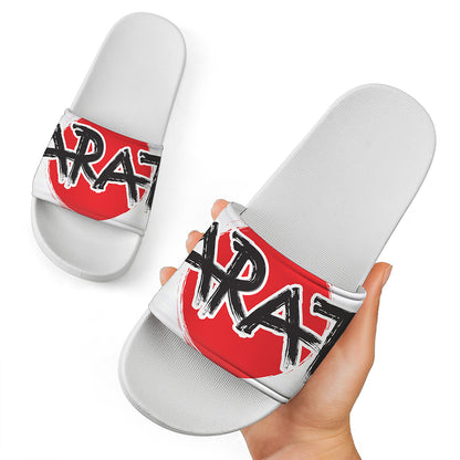 Karate Text Print White Slide Sandals