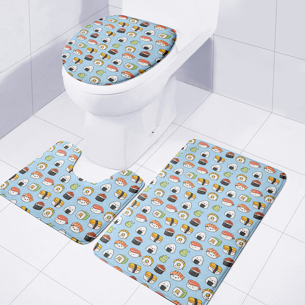 Kawaii Japanese Sushi Pattern Print 3 Piece Bath Mat Set