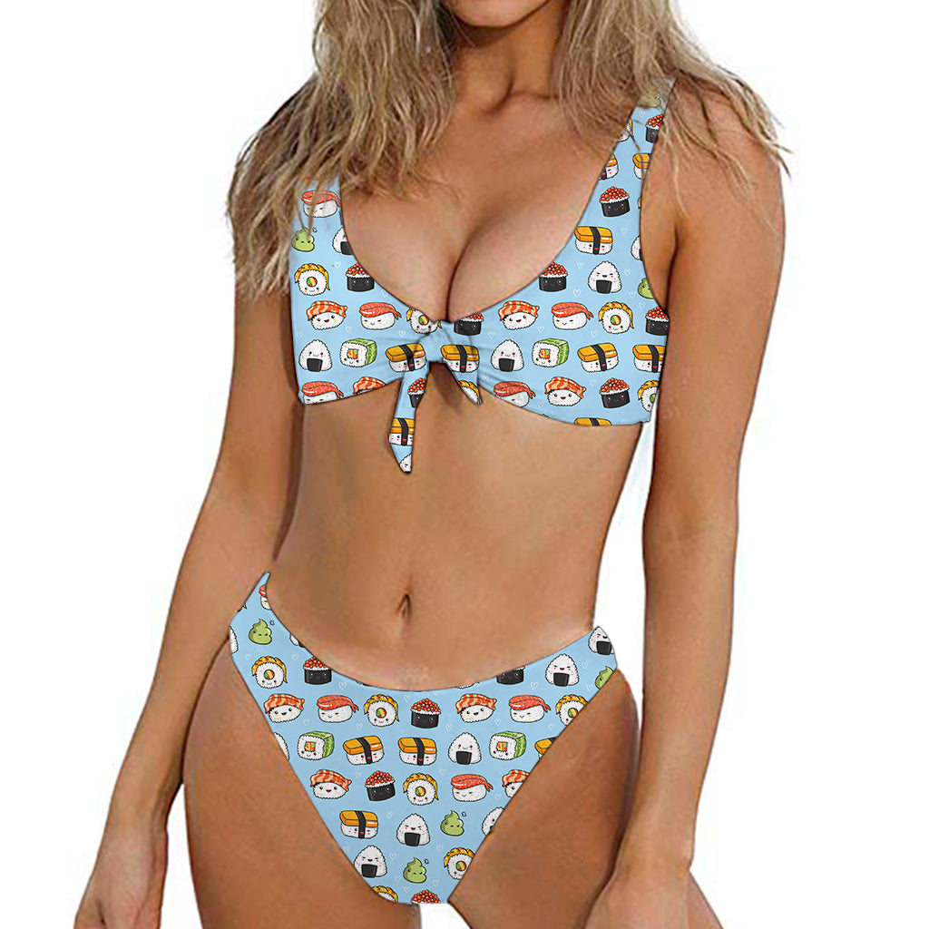 Kawaii Japanese Sushi Pattern Print Front Bow Tie Bikini