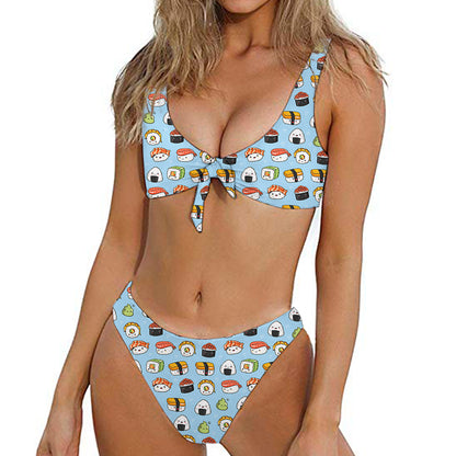 Kawaii Japanese Sushi Pattern Print Front Bow Tie Bikini