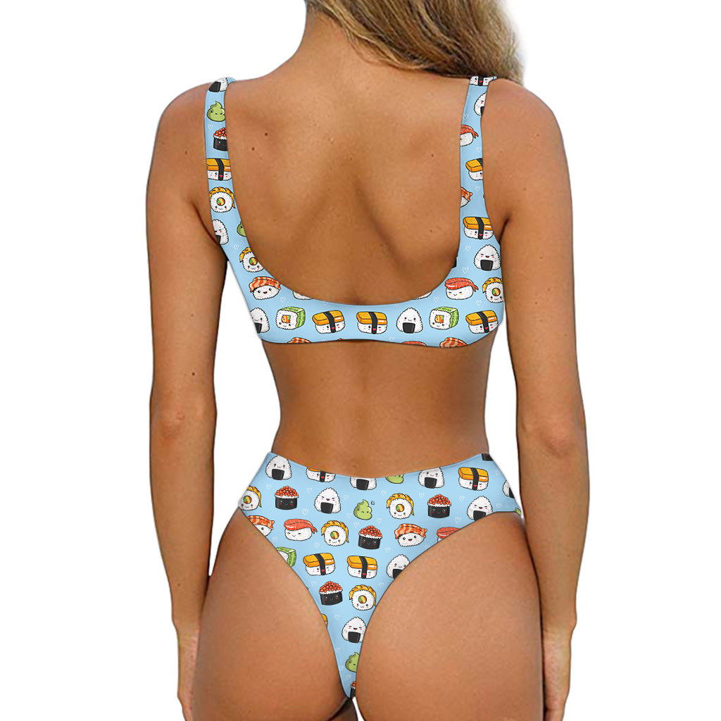 Kawaii Japanese Sushi Pattern Print Front Bow Tie Bikini