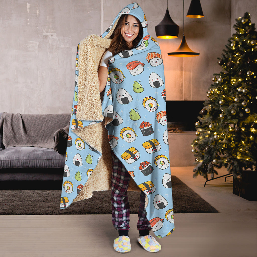 Kawaii Japanese Sushi Pattern Print Hooded Blanket