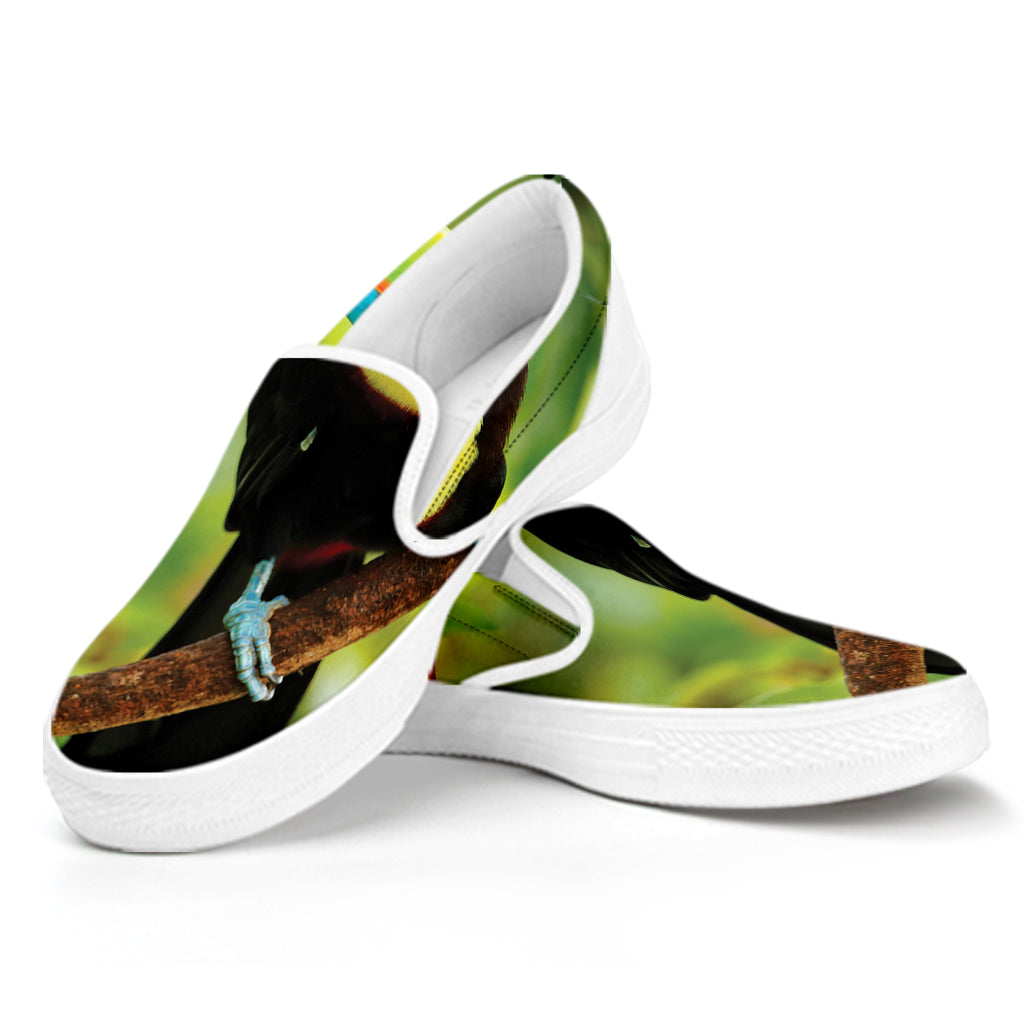 Keel-Billed Toucan Print White Slip On Shoes