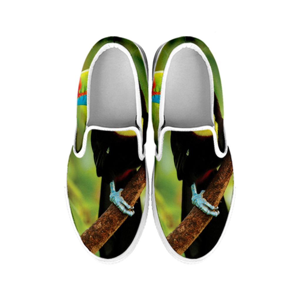 Keel-Billed Toucan Print White Slip On Shoes