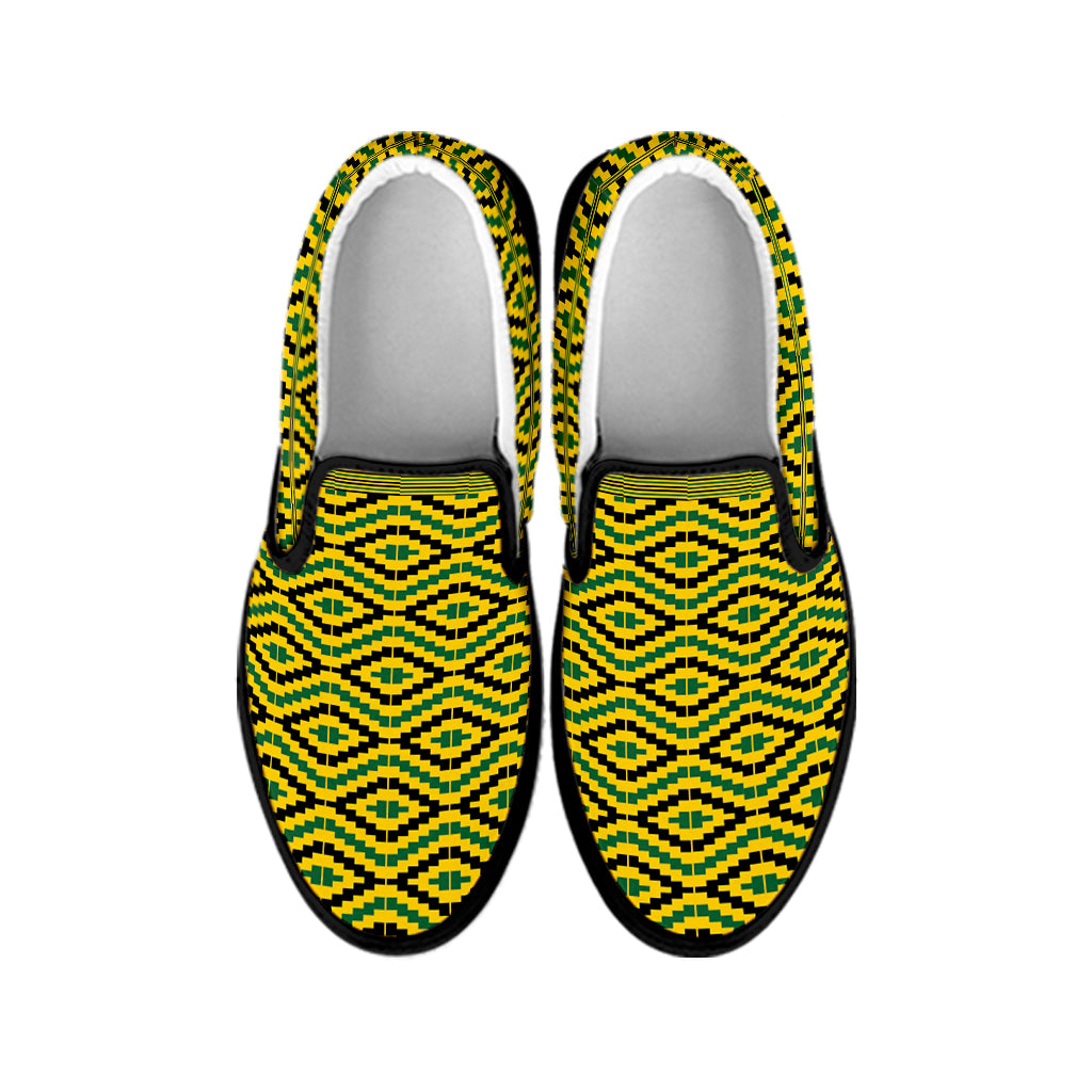 Kente African Pattern Print Black Slip On Shoes