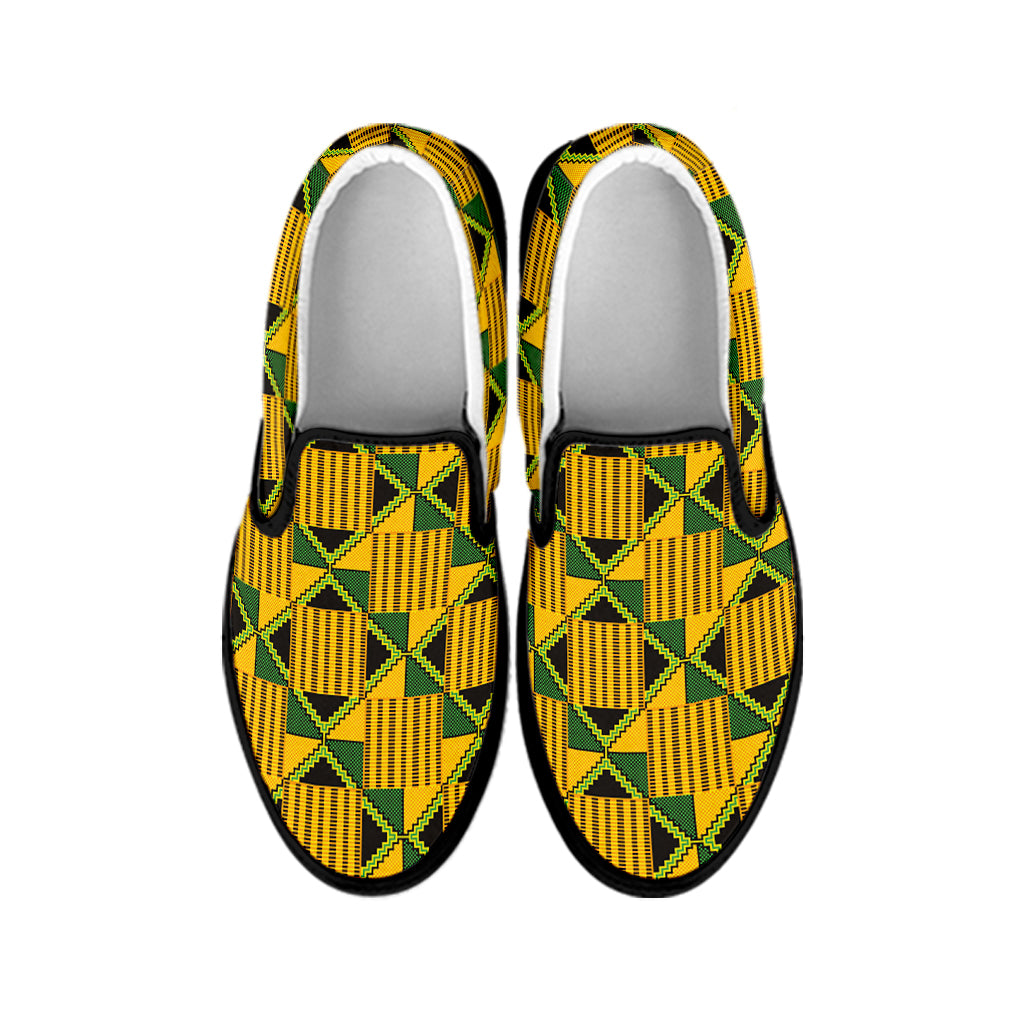 Kente Ethnic Pattern Print Black Slip On Shoes