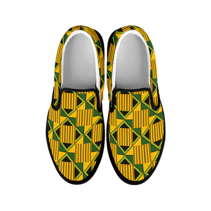 Kente Ethnic Pattern Print Black Slip On Shoes