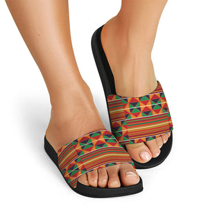 Kente Pattern Print Black Slide Sandals