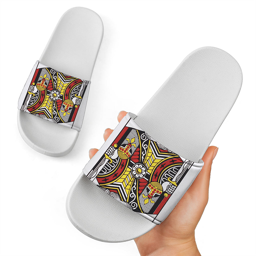 King Of Clubs Playing Card Print White Slide Sandals