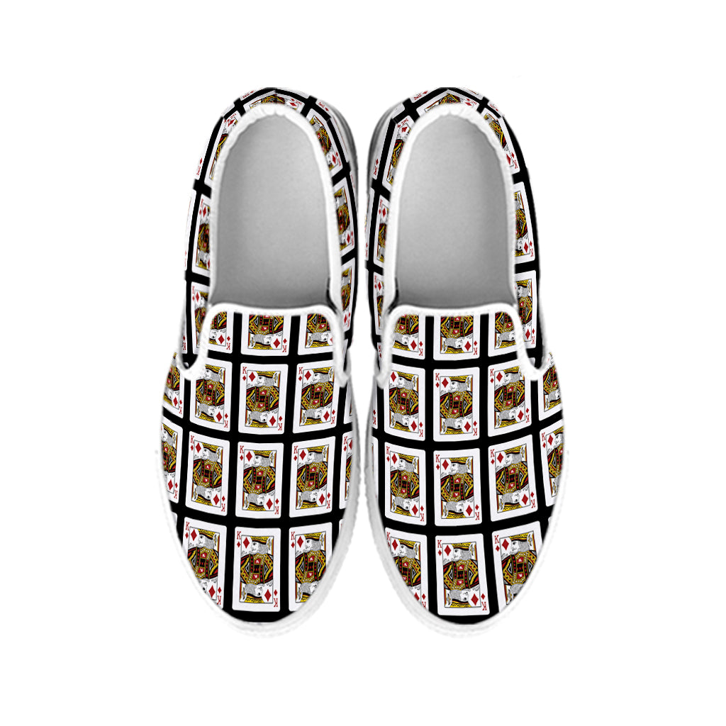 King Of Diamonds Playing Card Pattern Print White Slip On Shoes