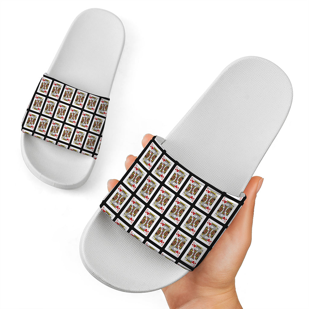King Of Hearts Playing Card Pattern Print White Slide Sandals