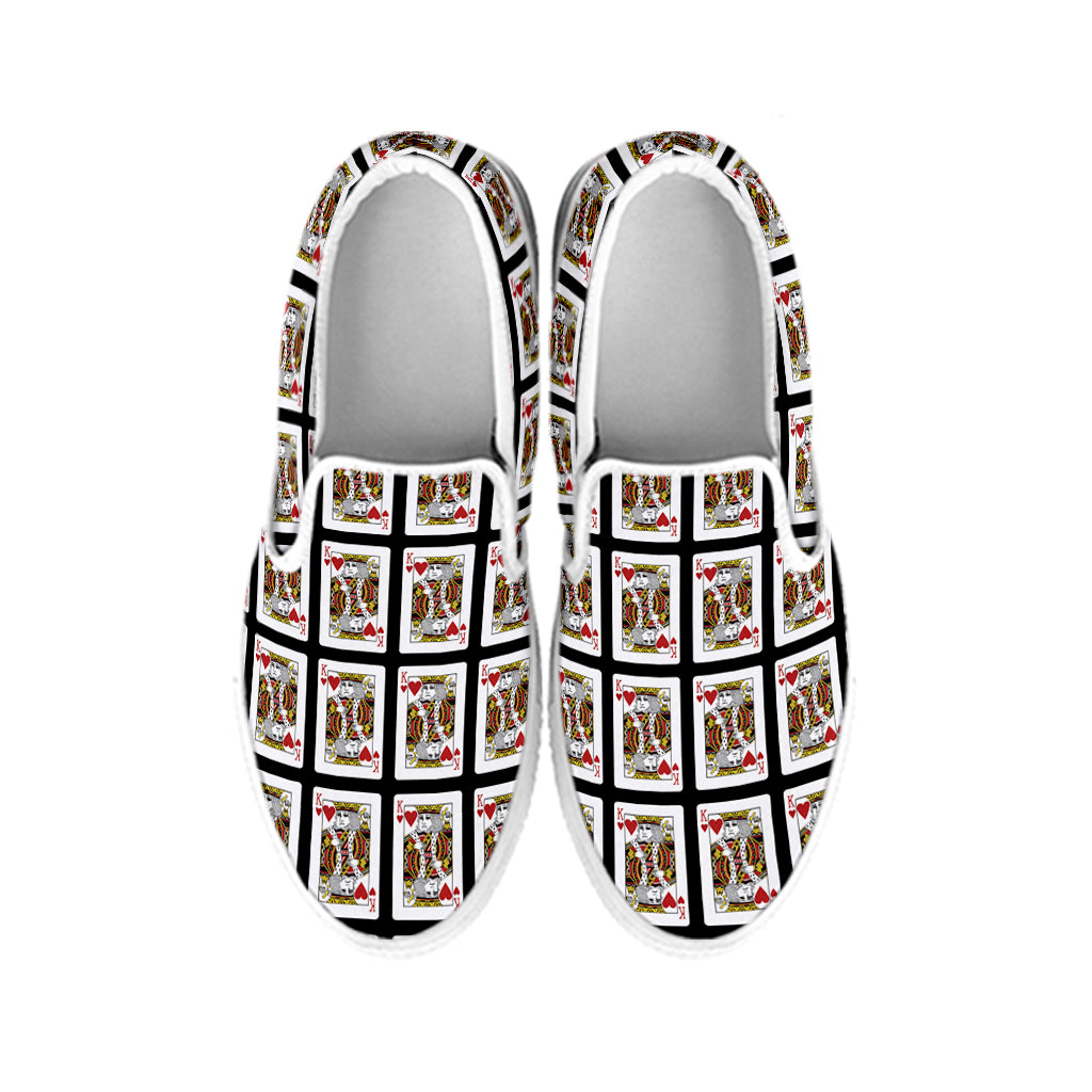 King Of Hearts Playing Card Pattern Print White Slip On Shoes