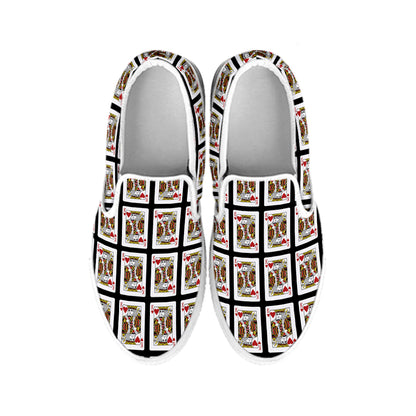 King Of Hearts Playing Card Pattern Print White Slip On Shoes