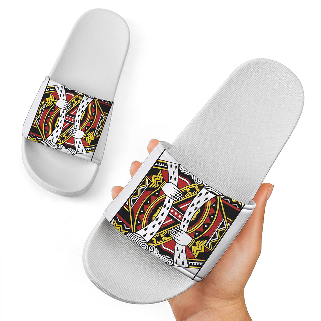 King Of Hearts Playing Card Print White Slide Sandals