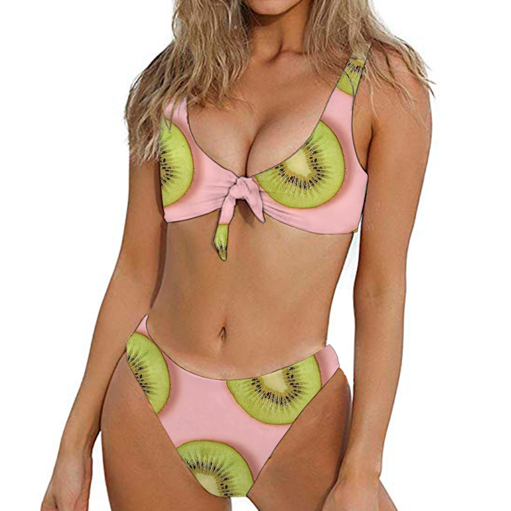 Kiwi Slices Pattern Print Front Bow Tie Bikini
