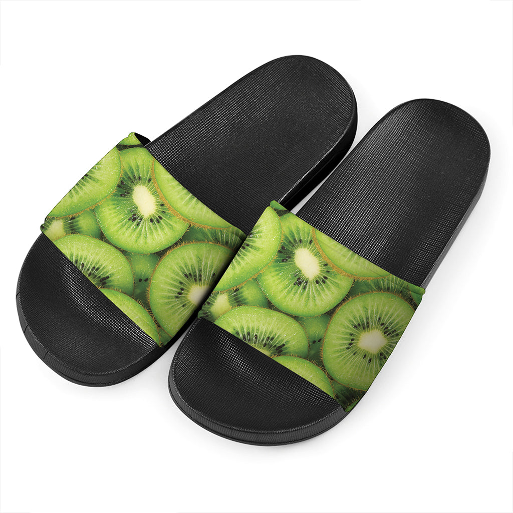 Kiwi Slices Print Black Slide Sandals