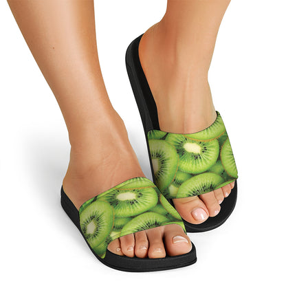 Kiwi Slices Print Black Slide Sandals
