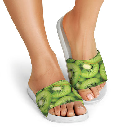 Kiwi Slices Print White Slide Sandals
