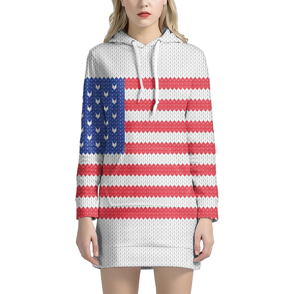 Knitted American Flag Print Pullover Hoodie Dress