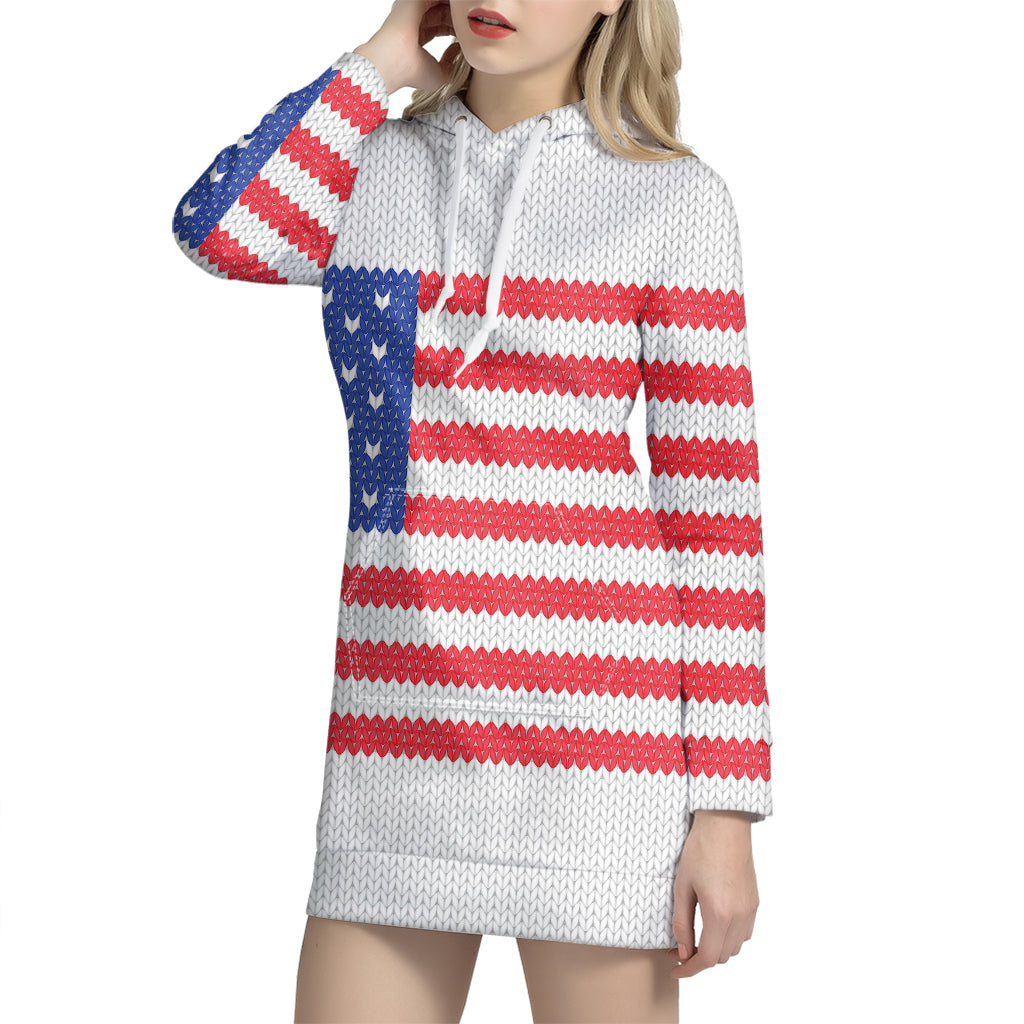 Knitted American Flag Print Pullover Hoodie Dress