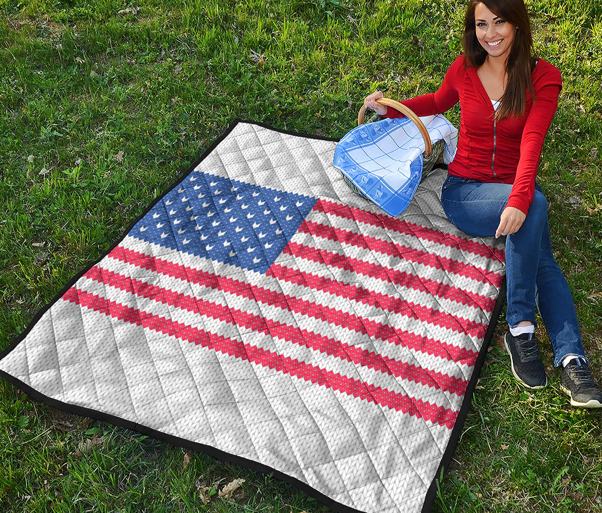 Knitted American Flag Print Quilt
