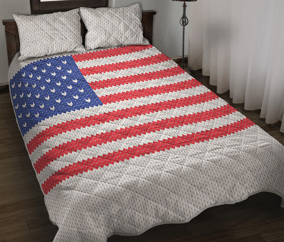 Knitted American Flag Print Quilt Bed Set