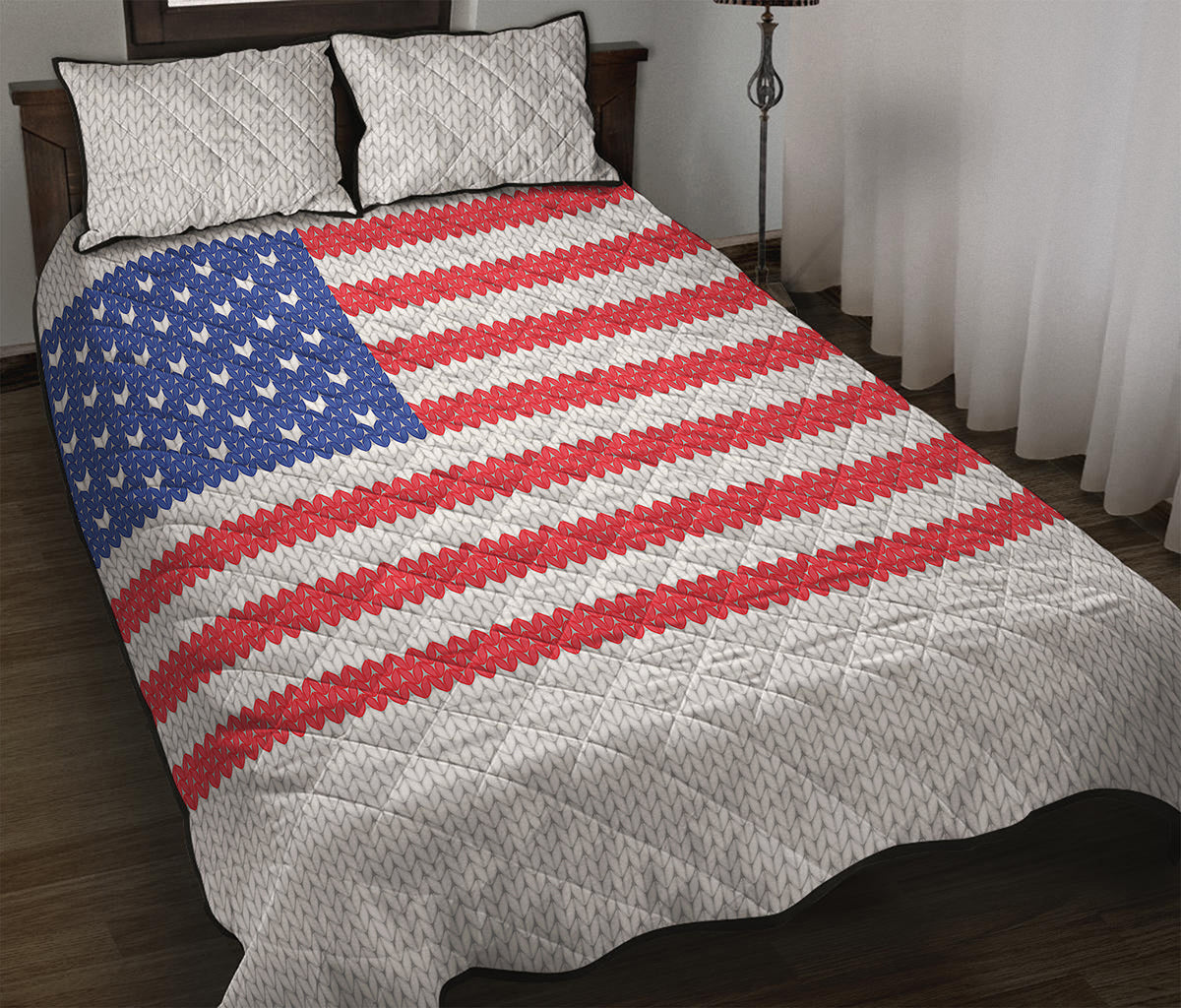 Knitted American Flag Print Quilt Bed Set