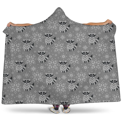 Knitted Raccoon Pattern Print Hooded Blanket