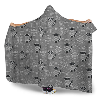 Knitted Raccoon Pattern Print Hooded Blanket