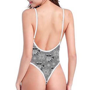 Knitted Raccoon Pattern Print One Piece High Cut Swimsuit