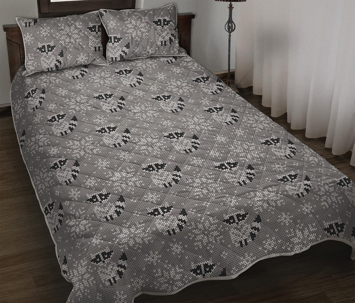 Knitted Raccoon Pattern Print Quilt Bed Set