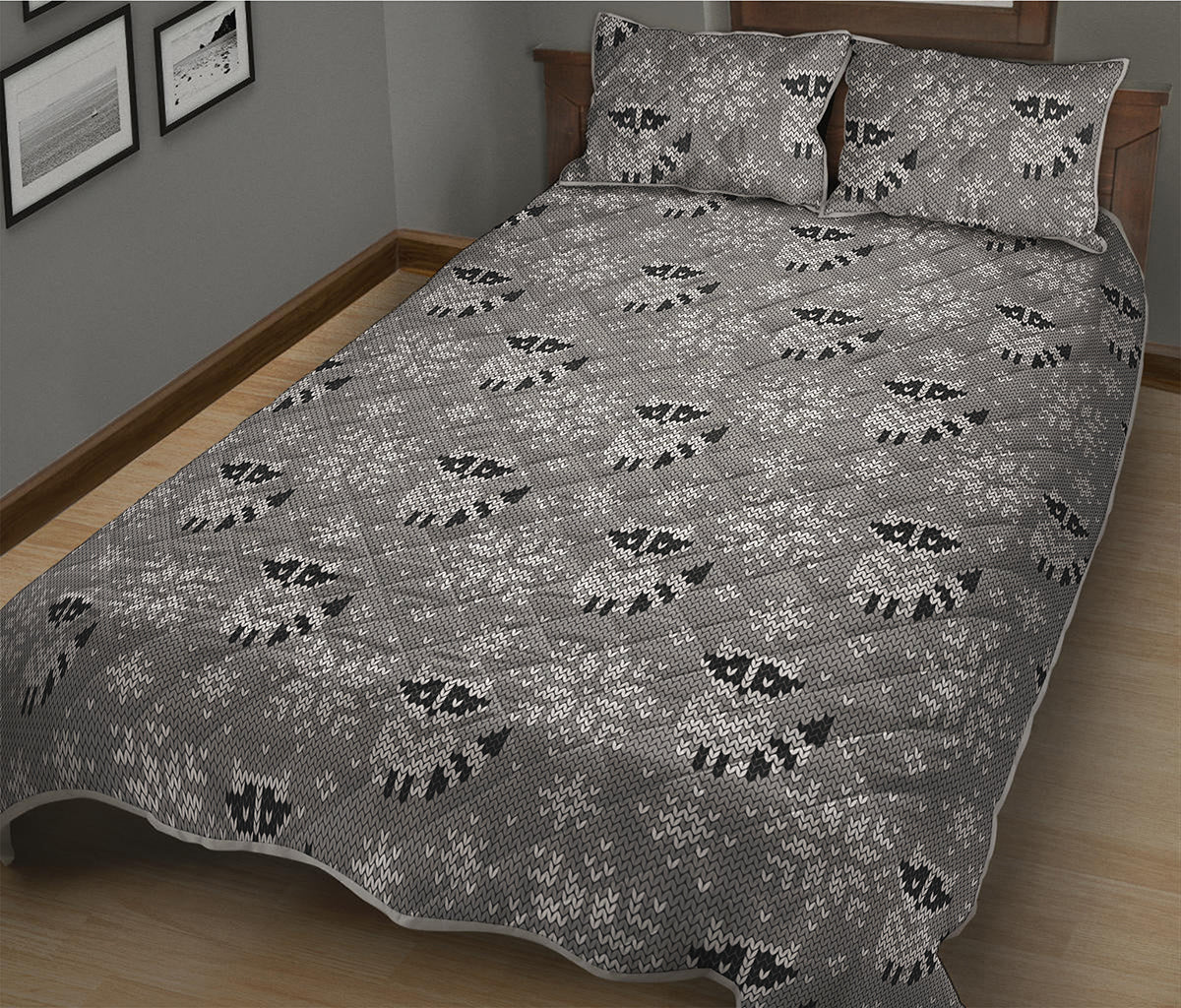 Knitted Raccoon Pattern Print Quilt Bed Set
