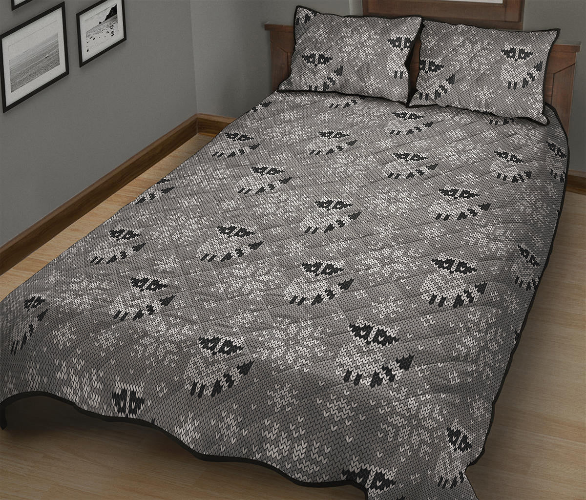 Knitted Raccoon Pattern Print Quilt Bed Set