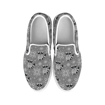 Knitted Raccoon Pattern Print White Slip On Shoes