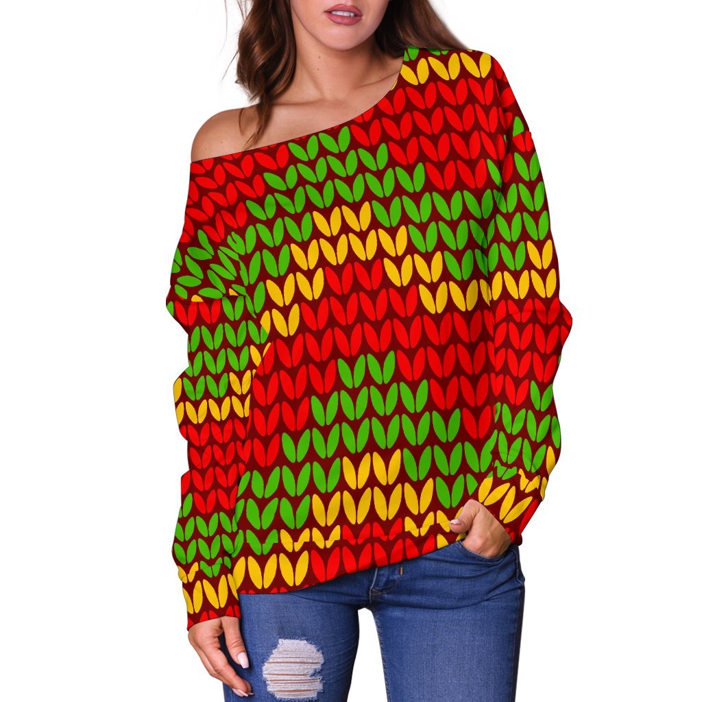 Knitted Reggae Pattern Print Off Shoulder Sweatshirt GearFrost