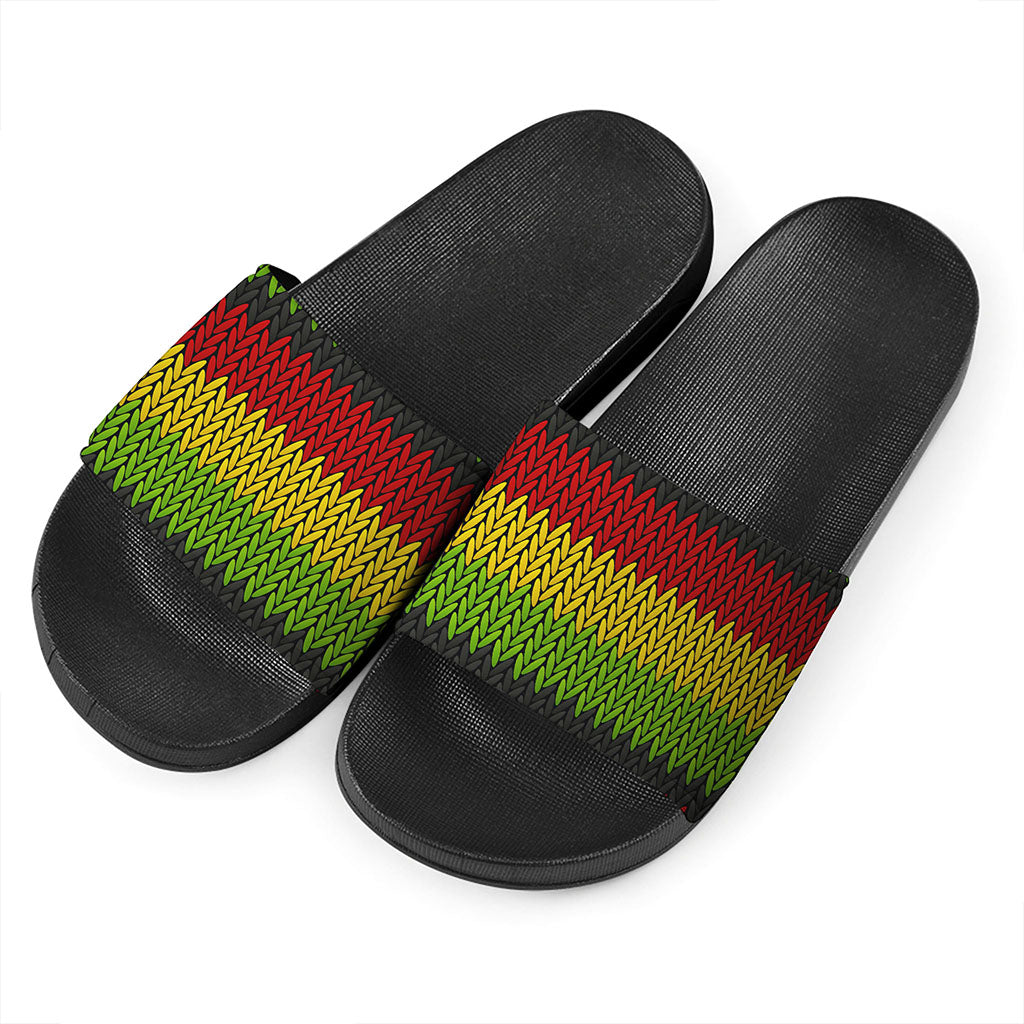 Knitted Style Reggae Pattern Print Black Slide Sandals