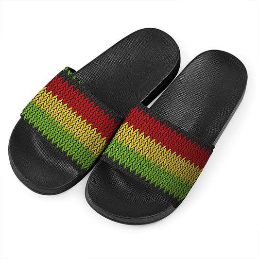 Knitted Style Reggae Pattern Print Black Slide Sandals