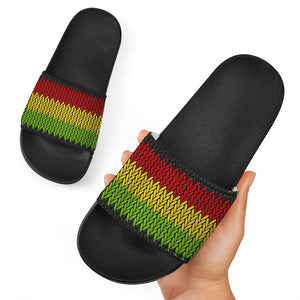 Knitted Style Reggae Pattern Print Black Slide Sandals