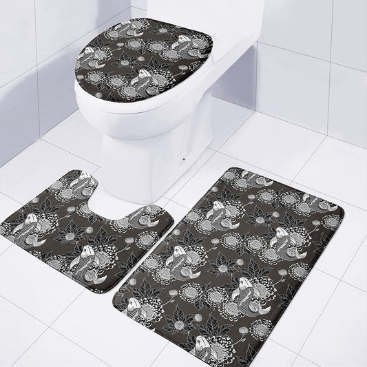 Koi Carp And Chrysanthemum Pattern Print 3 Piece Bath Mat Set