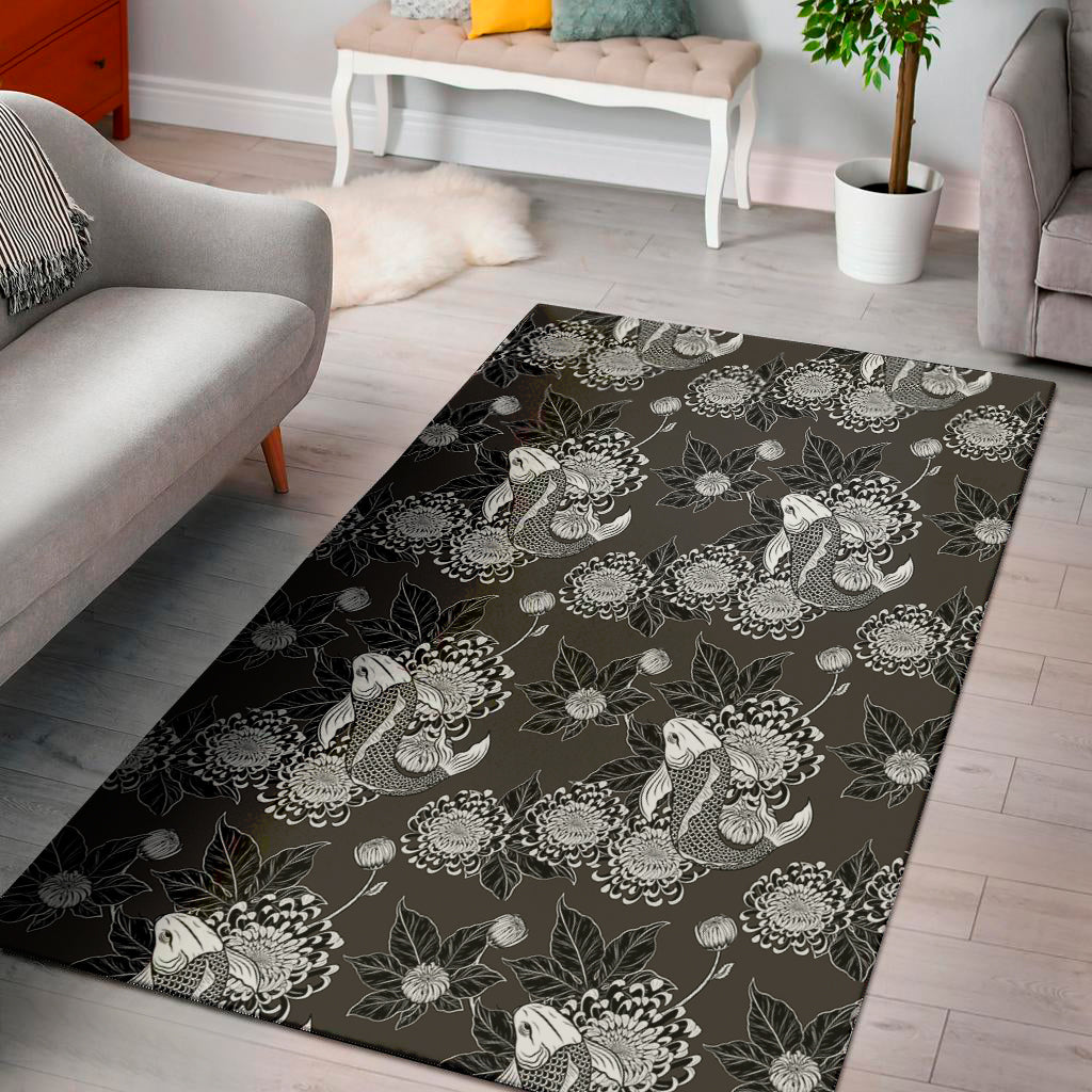 Koi Carp And Chrysanthemum Pattern Print Area Rug