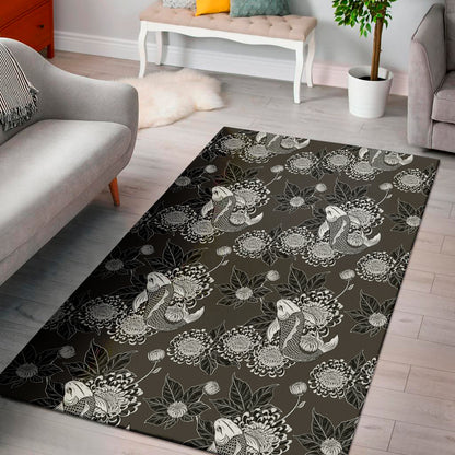 Koi Carp And Chrysanthemum Pattern Print Area Rug
