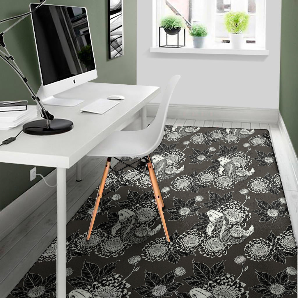Koi Carp And Chrysanthemum Pattern Print Area Rug