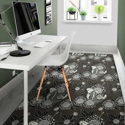 Koi Carp And Chrysanthemum Pattern Print Area Rug